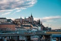 Scenic panorama of the Old Town of Stockholm architecture pier. Gamla Stan