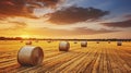 A Scenic Panorama of Round Hay Bales in a Radiant Yellow Field at Twilight. Generative AI Royalty Free Stock Photo