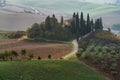 Scenic panorama of the Tuscan landscape with hills and harvest fields in golden morning light, Val d'Orcia, Italy. Royalty Free Stock Photo