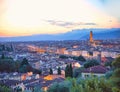 Scenic panorama view. Arno river and Ponte Vecchio panorama of Florence. Nice sunny skyline of Florence. Florence panorama city Royalty Free Stock Photo