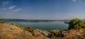 Scenic panorama view from the hill to the reservoir on the Dniester river, Ukraine. Royalty Free Stock Photo