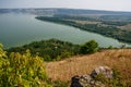 Scenic panorama view from the hill to the reservoir on the Dniester river, Ukraine. Royalty Free Stock Photo