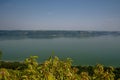 Scenic panorama view from the hill to the reservoir on the Dniester river, Ukraine. Royalty Free Stock Photo