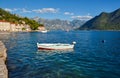Scenic panorama view of the historic town of Perast. View across Bay of Kotor from shuttle boat. Montenegro, Europe Royalty Free Stock Photo