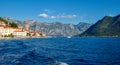 Scenic panorama view of the historic town of Perast. View across Bay of Kotor from shuttle boat. Montenegro, Europe Royalty Free Stock Photo