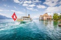 Paddle steamer with famous Chateau de Chillon at Lake Geneva, Ca Royalty Free Stock Photo