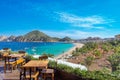 Scenic panoramic aerial view of Los Cabos landmark tourist destination Arch of Cabo San Lucas
