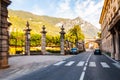 Scenic panoramic beltway road around lake Garda with medieval architecture, small cities and villages, high mountains and rich