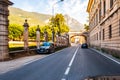 Scenic panoramic beltway road around lake Garda with medieval architecture, small cities and villages, high mountains and rich