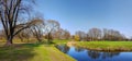 Scenic panoramic  spring landscape with small pond with birds Royalty Free Stock Photo