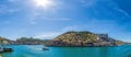 Scenic panoramic view of Balaclava bay with yachts from the ruines of Genoese fortress Chembalo. Balaklava, Sevastopol, Crimea.