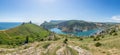 Scenic panoramic view of Balaclava bay with yachts from the ruines of Genoese fortress Chembalo. Balaklava, Sevastopol, Crimea.