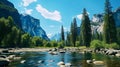 Scenic panoramic view of famous Yosemite Valley with Capitan rock climbing summit and idyllic Merced river on a beautiful sunny Royalty Free Stock Photo