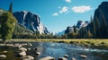 Scenic panoramic view of famous Yosemite Valley with Capitan rock climbing summit and idyllic Merced river on a beautiful sunny Royalty Free Stock Photo