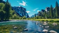 Scenic panoramic view of famous Yosemite Valley with Capitan rock climbing summit and idyllic Merced river on a beautiful sunny Royalty Free Stock Photo