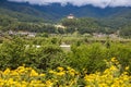 Scenic panoramic view of green fields and yellow flowers, beautiful countryside landscape in Bhutan Royalty Free Stock Photo