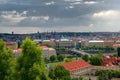 Scenic panoramic view of historical center of Prague,bridges and Vlatva river on a cloudy day