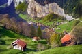 Scenic panoramic view of idyllic rolling hills landscape In the alps