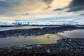 Scenic panoramic view over Tromso in northern Norway on a stormy cloudy evening, late spring with mightnight sun Royalty Free Stock Photo