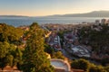 Scenic aerial view of Rijeka port city on Adriatic seacoast, beautiful cityscape in sunset light, Kvarner bay, Croatia