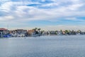 Scenic panoramic view of the sea with harbor and houses in Huntington Beach CA