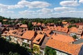 Scenic panoramic view traditional shingle tiled red rooftop old ancient medieval european german small town Quedlinburg Royalty Free Stock Photo