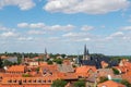 Scenic panoramic view traditional shingle tiled red rooftop old ancient medieval european german small town Quedlinburg Royalty Free Stock Photo