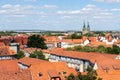 Scenic panoramic view traditional shingle tiled red rooftop old ancient medieval european german small town Quedlinburg Royalty Free Stock Photo