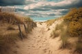 Scenic pathway leading to a sandy beach, AI-generated.