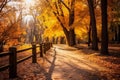 A scenic pathway surrounded by vibrant autumn foliage, showcasing the golden hues of the season. Generative Ai