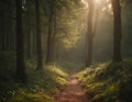 Scenic pathway winds its way through a lush green forest, with the radiant sun casting its warm rays Royalty Free Stock Photo