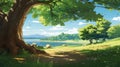 Scenic Cartoon Illustration Of A Tree With Beautiful Morning Sunlight