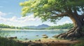 Scenic Cartoon Illustration Of A Tree With Morning Sunlight By A Beautiful Lake