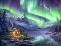 Scenic photo of winter fishing village with Northern Lights. Picturesque natural background