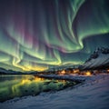 Scenic photo of winter fishing village with northern lights. stunning natural background. Picturesque Scenery of