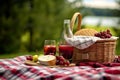 Scenic Picnic Basket with Sandwiches, Fruits, and Wine