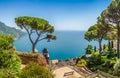 Scenic picture-postcard view of famous Amalfi Coast with Gulf of Salerno from Villa Rufolo gardens in Ravello, Campania, Italy Royalty Free Stock Photo