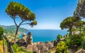 Scenic picture-postcard view of famous Amalfi Coast from Villa Rufolo gardens in Ravello, Italy Royalty Free Stock Photo