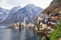 Scenic picture-postcard view of famous Hallstatt mountain village in the Austrian Alps. Beautiful view in autumn Royalty Free Stock Photo