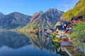 Scenic picture-postcard view of famous Hallstatt mountain village in the Austrian Alps at beautiful light in spring, Salzkammergut Royalty Free Stock Photo