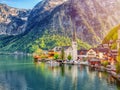 Scenic picture-postcard view of famous Hallstatt mountain village in the Austrian Alps at beautiful light in spring, Salzkammergut Royalty Free Stock Photo