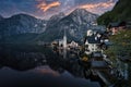 Scenic picture-postcard view of famous Hallstatt mountain village in the Austrian Alps at beautiful sunset light in spring, Royalty Free Stock Photo