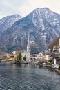 Scenic picture-postcard view of famous Hallstatt mountain village in the Austrian Alps. Beautiful view in autumn Royalty Free Stock Photo