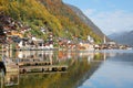 Scenic picture-postcard view of famous Hallstatt mountain village with Hallstaetter Lake in the Austrian Alps, region of Salzkamme