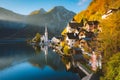 Hallstatt mountain village in fall, Salzkammergut, Austria Royalty Free Stock Photo