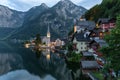 Scenic picture-postcard view of famous historic Hallstatt mountain village with Hallstattersee in the Austrian Alps in mystic