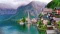 Scenic picture-postcard view of little famous Hallstatt mountain village with Hallstaetter Lake in the Austrian Alps, region of Sa Royalty Free Stock Photo