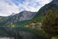 Scenic picture-postcard view of traditional old wooden houses in famous Hallstatt mountain village at Hallstattersee lake Royalty Free Stock Photo