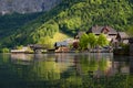 Scenic picture-postcard view of traditional old wooden houses in famous Hallstatt mountain village at Hallstattersee lake Royalty Free Stock Photo