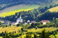 Scenic picturesque countryside landscape. Vast panorama view of Jugow village in the Owl Mountains Gory Sowie, Poland. Royalty Free Stock Photo